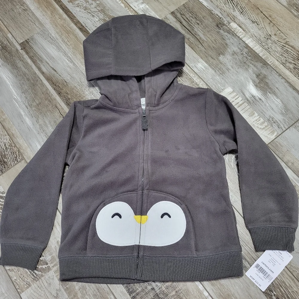 New Carter's Baby Micro Fleece Gray Penguin Zip Up Hoodie Size 24M
